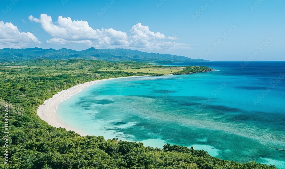 Fototapeta premium An aerial view of a pristine tropical beach with turquoise waters and lush green vegetation.