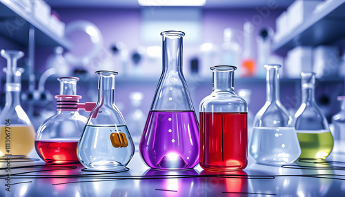 chemical glassware on biotech background isolated with white highlights, png photo