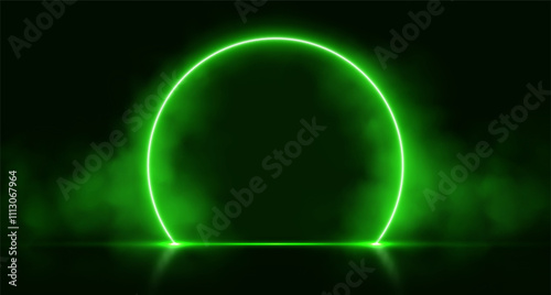 Neon arch with smoke, green glowing portal, futuristic circle gate, magic stage with vapor. Vector illustration.