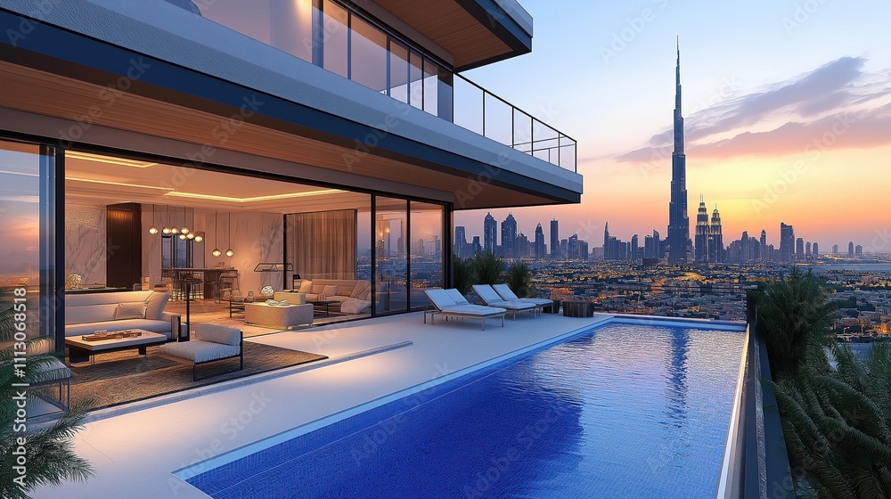 Obraz premium Luxury penthouse apartment in Dubai with stunning balcony, pool overlooking city skyline at sunset. Modern architecture style Dubai landmark tower in background. Interior features opulent living