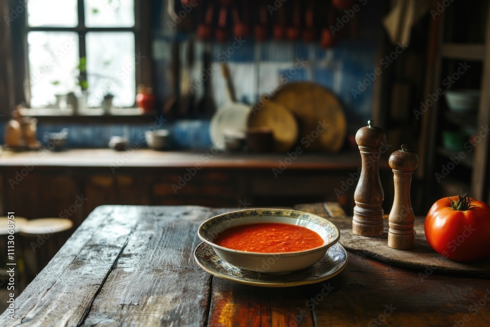 An inviting bowl of tomato soup rests on a wooden table in a rustic kitchen setting, surrounded by warm lighting and vintage decor, offering a sense of comfort. An inviting bowl of tomato soup rests on a wooden table in a rustic kitchen setting, surrounded by warm lighting and vintage decor, offering a sense of comfort.