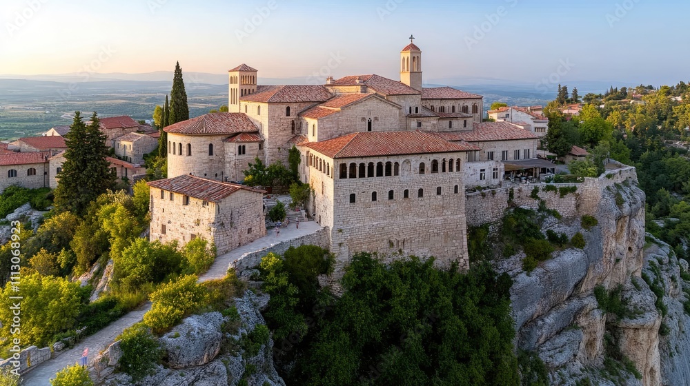 An old monastery rests atop a mountain in Vlazcoy, Greece, glowing softly at sunset, surrounded by lush greenery and overlooking the city An old monastery rests atop a mountain in Vlazcoy, Greece, glowing softly at sunset, surrounded by lush greenery and overlooking the city
