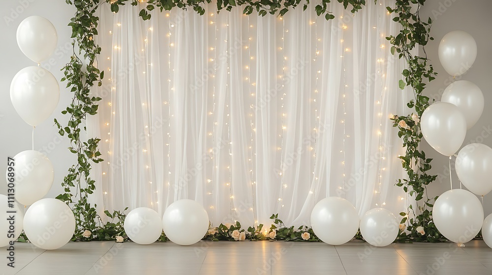 Elegant Wedding or Party Backdrop with Sheer Fabric, Balloons, and Greenery. Elegant Wedding or Party Backdrop with Sheer Fabric, Balloons, and Greenery.