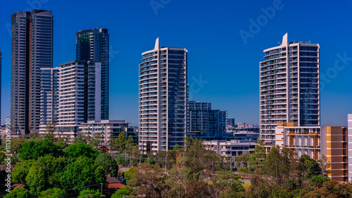 Panorama Aerial view above Rhodes with views to Meadowbank and Olympic park and Wentworth Point and Concord West with Parramatta River in Sydney NSW Australia