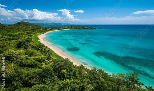 An aerial view of a pristine tropical beach with turquoise waters and lush green vegetation.