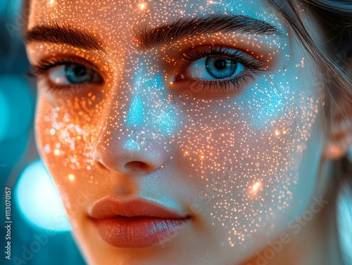 Close-up of a person with fair skin, striking blue eyes, accentuated facial features, and sparkling glitter on cheeks Background suggests a cool, atmospheric setting, possibly related to fashion or photo