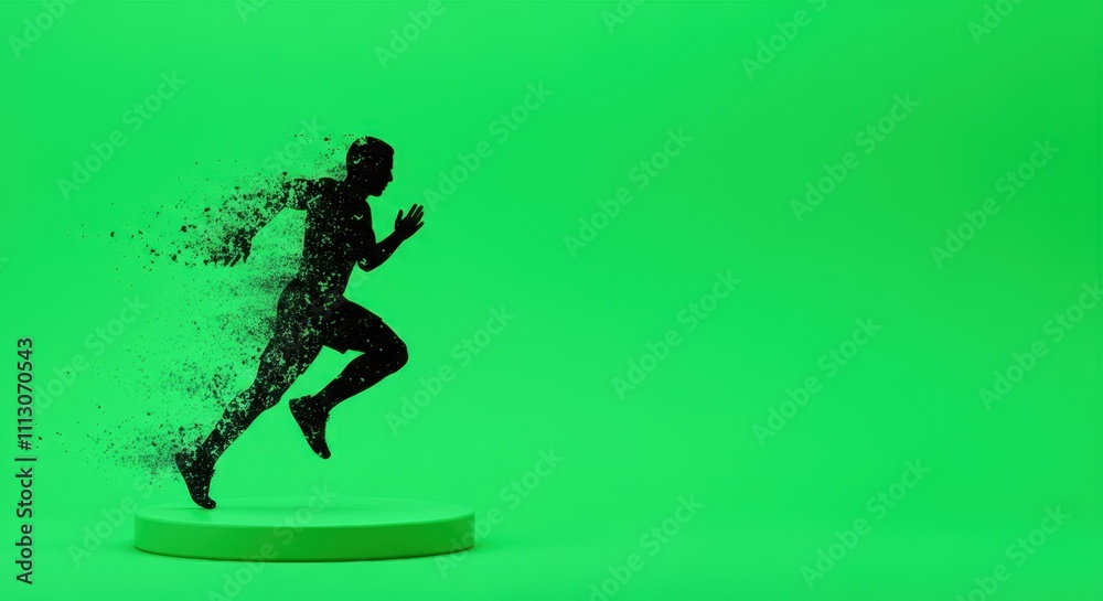 Fototapeta premium Silhouette of man running on platform, disintegrating bright green background