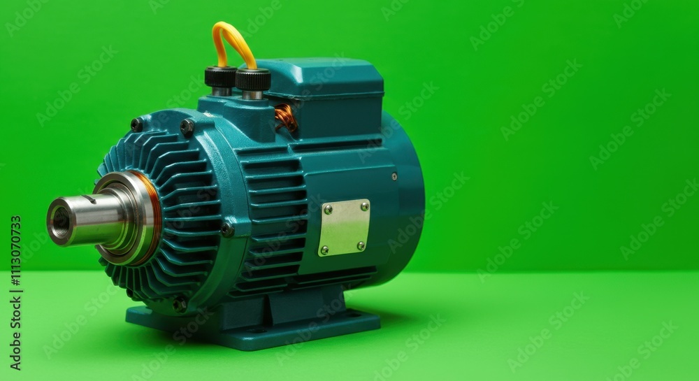 Industrial blue electric motor with green background, side view Industrial blue electric motor with green background, side view