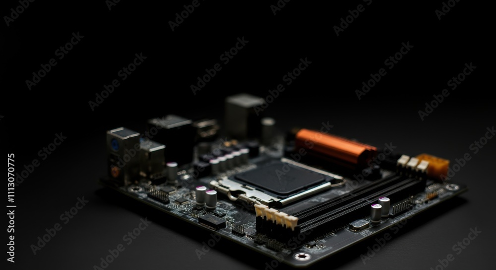 Close-up of computer motherboard on black background Close-up of computer motherboard on black background