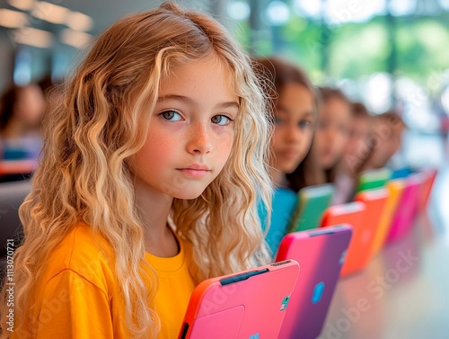A young girl with long wavy hair, fair skin and wearing a bright yellow top is seated at a table with educational tools toys pink, orange Others are around similar tables in a casual, communal ind