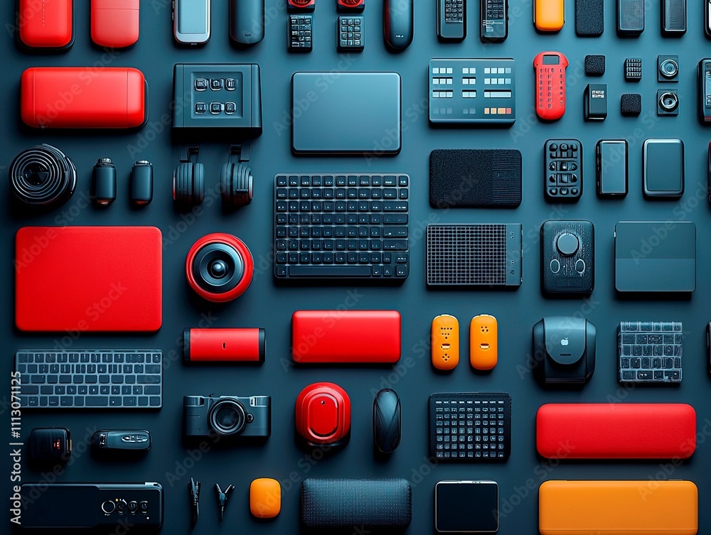 An eclectic mix of electronic devices, including a laptop, camera, gaming controller, and assorted tech gadgets, are arranged against a blue backdrop The red objects draw immediate attention in the An eclectic mix of electronic devices, including a laptop, camera, gaming controller, and assorted tech gadgets, are arranged against a blue backdrop The red objects draw immediate attention in the