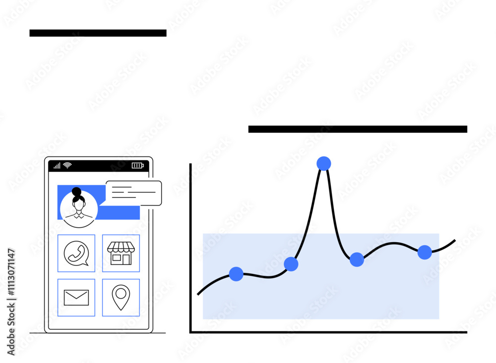 Mobile interface with icons and line graph with data points visually represents business, growth, data analysis, mobile technology, user interaction, analytics, strategy. Line metaphor Mobile interface with icons and line graph with data points visually represents business, growth, data analysis, mobile technology, user interaction, analytics, strategy. Line metaphor
