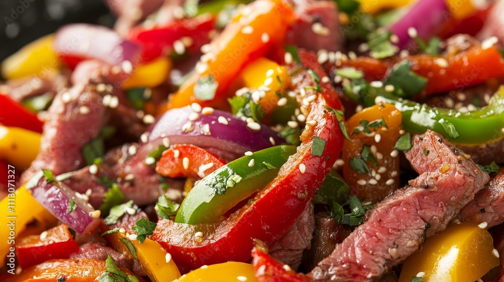 A vibrant dish featuring sautéed beef and colorful bell peppers, garnished with herbs. A vibrant dish featuring sautéed beef and colorful bell peppers, garnished with herbs.