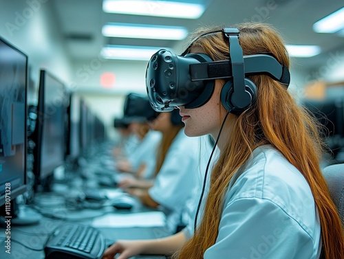 A person uses VR equipment, including HMD goggles or glasses and headphones, while multitasking on a computer setup with multiple monitors The individual is engaged in research or development activi photo