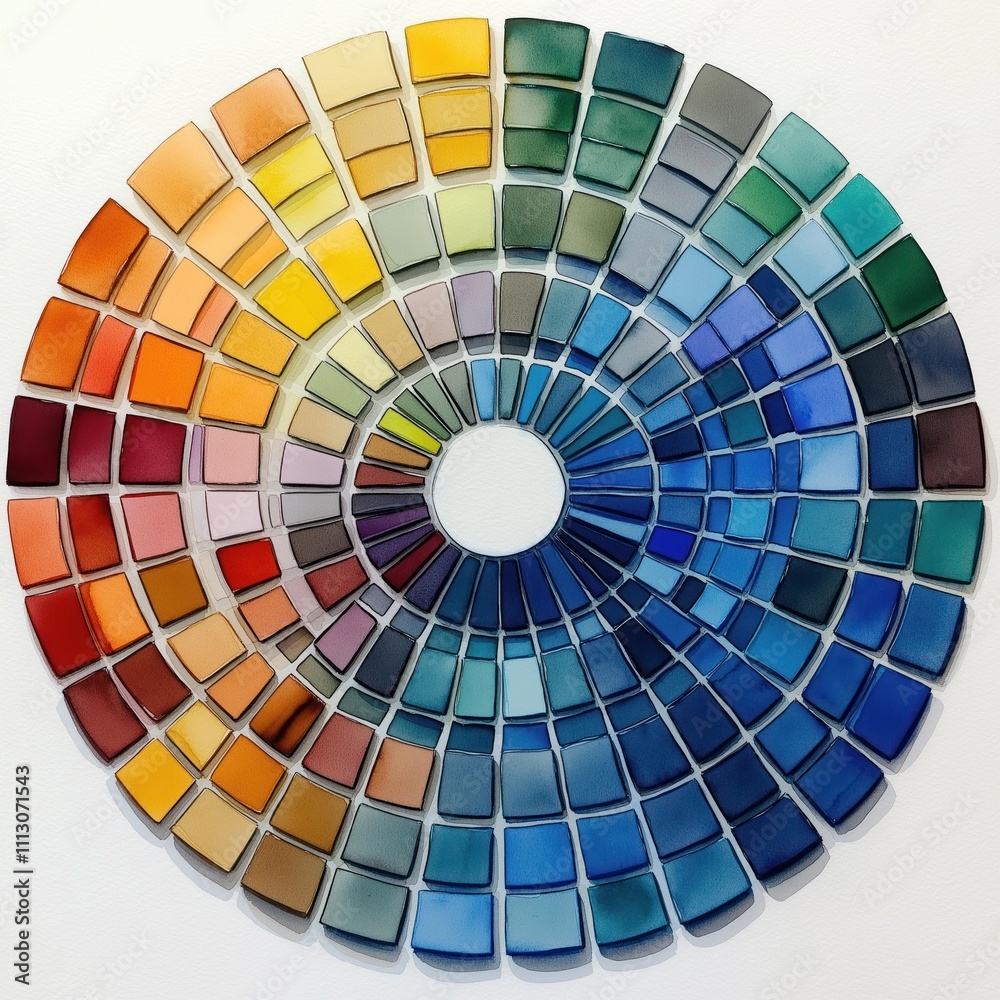 Obraz premium Colorful watercolor paint swatches arranged in circular color wheel. Shades, hues transition smoothly through spectrum. Art piece demonstrates color mixing, theory. Visual display of various shades,