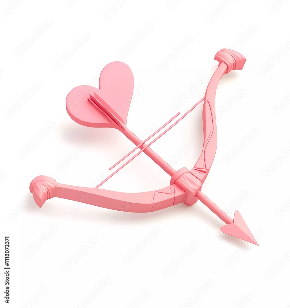 3D cartoon pink Cupid's bow and arrow on a white background, using simple shapes 3D cartoon pink Cupid's bow and arrow on a white background, using simple shapes