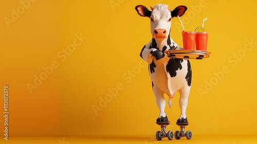 A cow on roller skates carries a tray with two drinks.