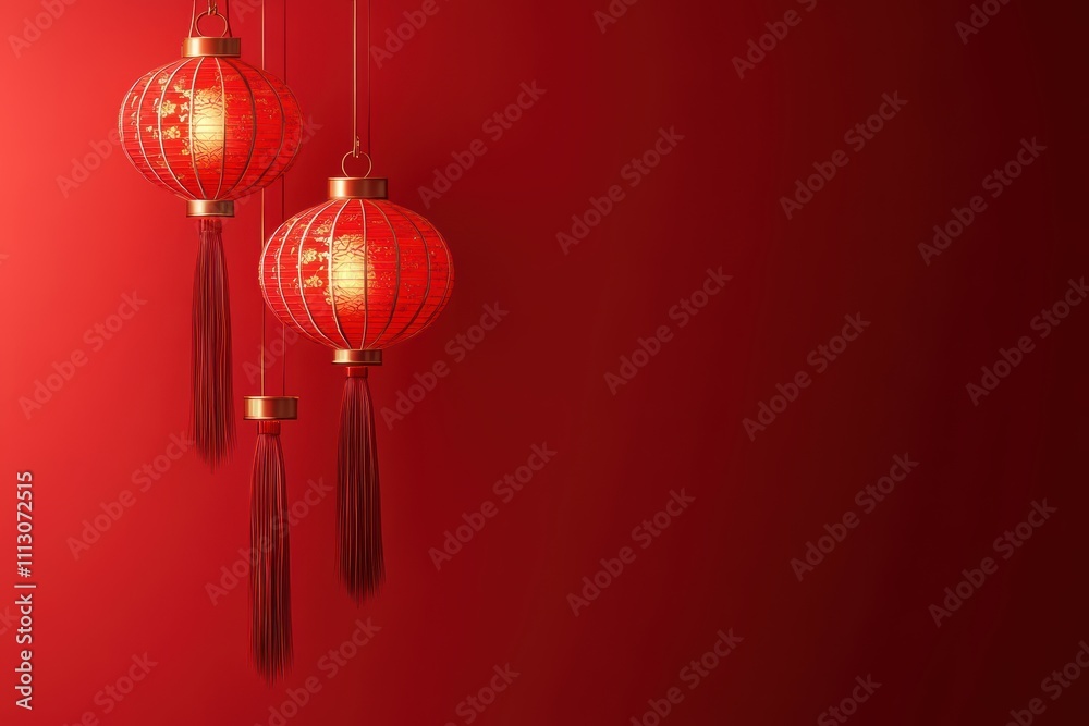 Two red lanterns hanging against a solid red background. Two red lanterns hanging against a solid red background.