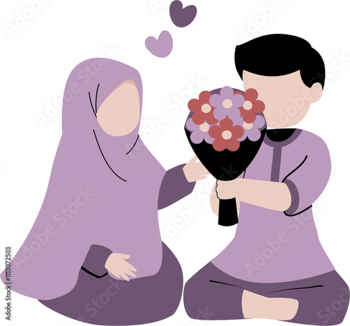 Couple sharing flowers illustration