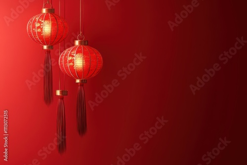 Two red lanterns hanging against a solid red background.