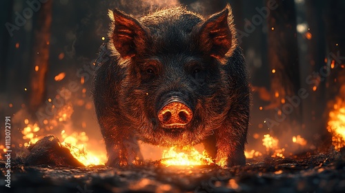 A wild boar stands in a forest fire, flames engulfing its legs and body.