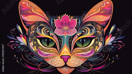 Colorful cat head with floral patterns on a black background.