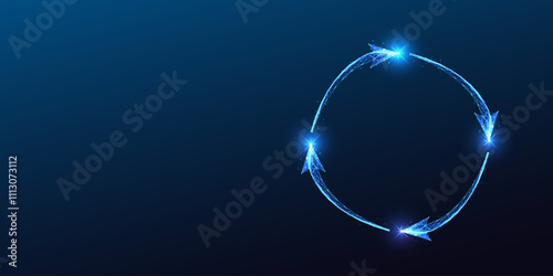 Circular flow concept with glowing digital arrows forming a seamless loop on dark blue background. 