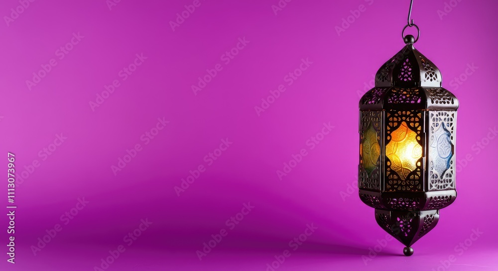 Traditional metal lantern with intricate patterns hanging against purple background Traditional metal lantern with intricate patterns hanging against purple background