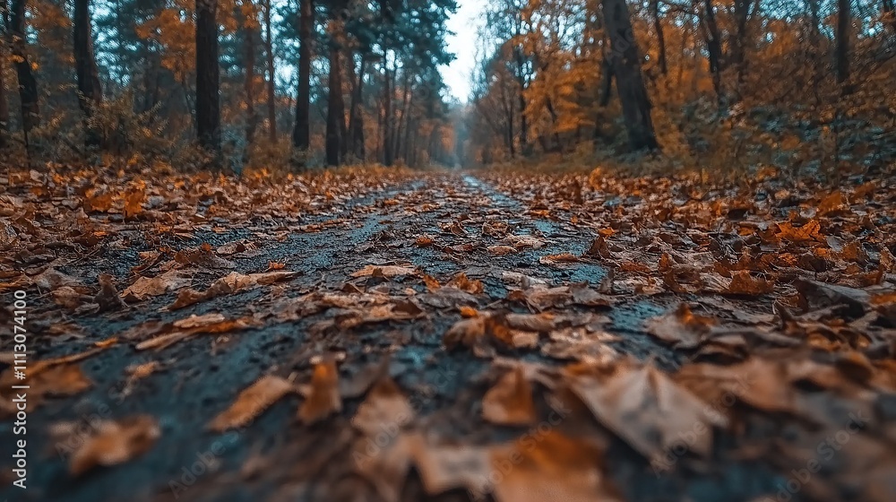 A pathway through a forest covered in fallen leaves. A pathway through a forest covered in fallen leaves.