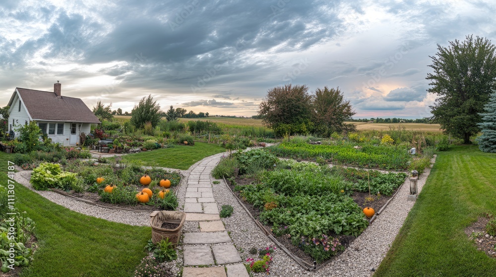 Peaceful Rural Garden with Pathway and Vegetables in Soft Light Peaceful Rural Garden with Pathway and Vegetables in Soft Light