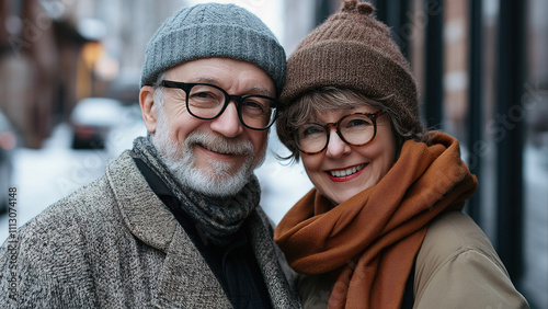 Elderly caucasian couple smiling in winter attire on a snowy street