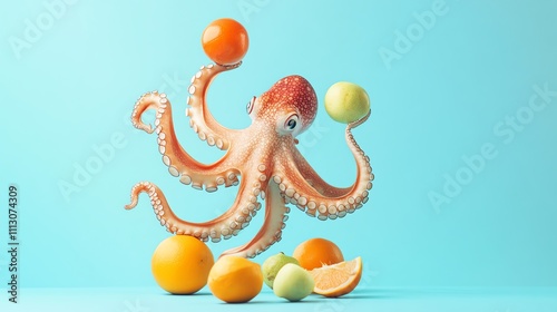 A playful octopus juggles fruit. photo