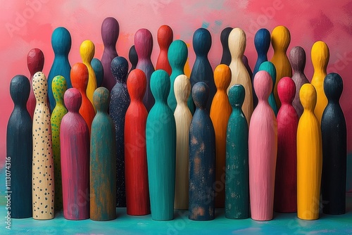 Colorful wooden figures represent diversity. Grouped together in vibrant display. Variety of colors, textures show different ethnicities. Diversity global issue. Illustration evokes social photo