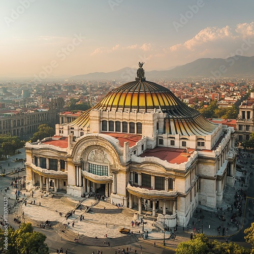 An aerial view of the Palacio de Bellas Artes in Mexico City, with people walking around the building and a cityscape in the background. photo