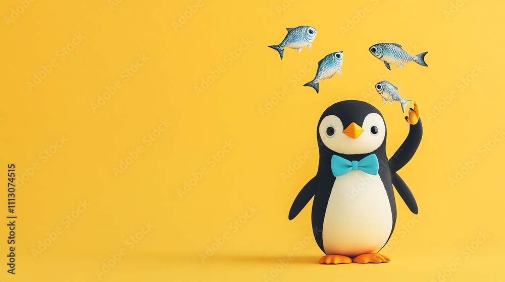 Obraz premium Cartoon penguin in a bow tie catching fish on a yellow background.
