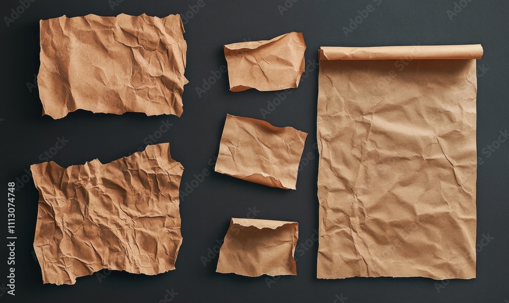 Obraz premium Bruised brown craft paper with wrinkles. Crumpled vintage paper for creating collages.