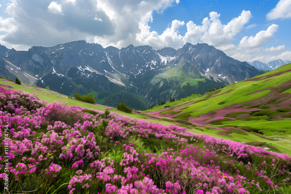 Fototapeta premium Idyllic mountain landscape with blooming flowers. High quality photo