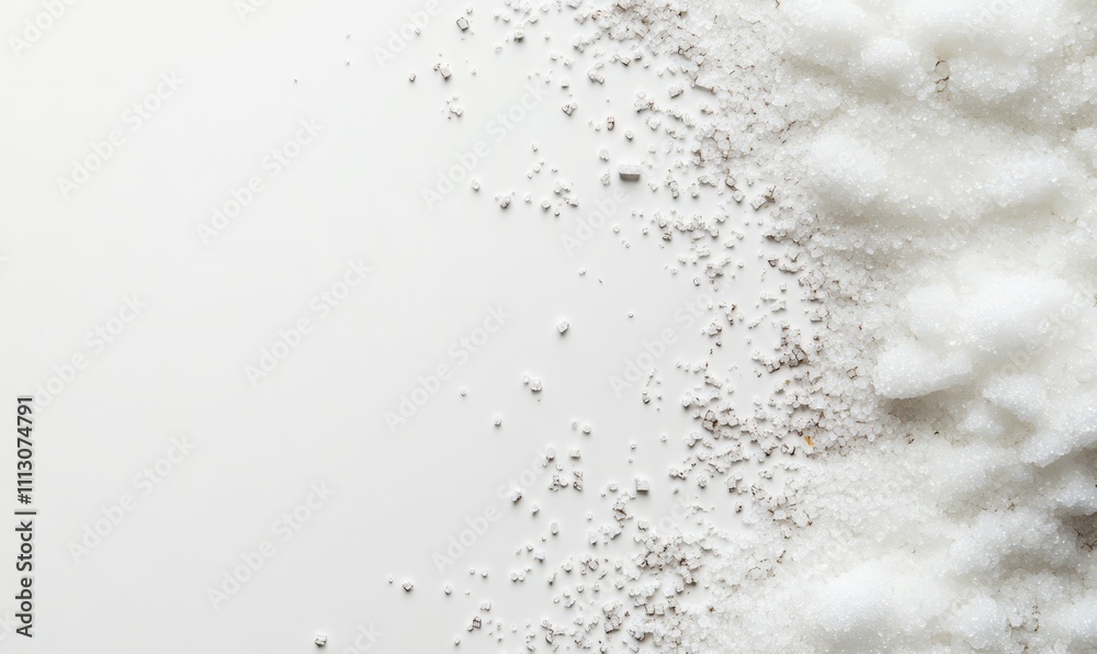 Background of white sugar, a natural sweetener, with copy space