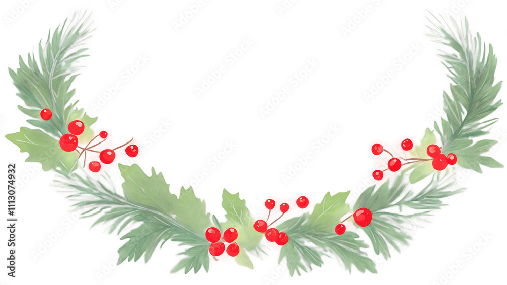 Watercolor Christmas Wreath with Green Leaves and Red Berries, Festive Holiday Decoration Watercolor Christmas Wreath with Green Leaves and Red Berries, Festive Holiday Decoration