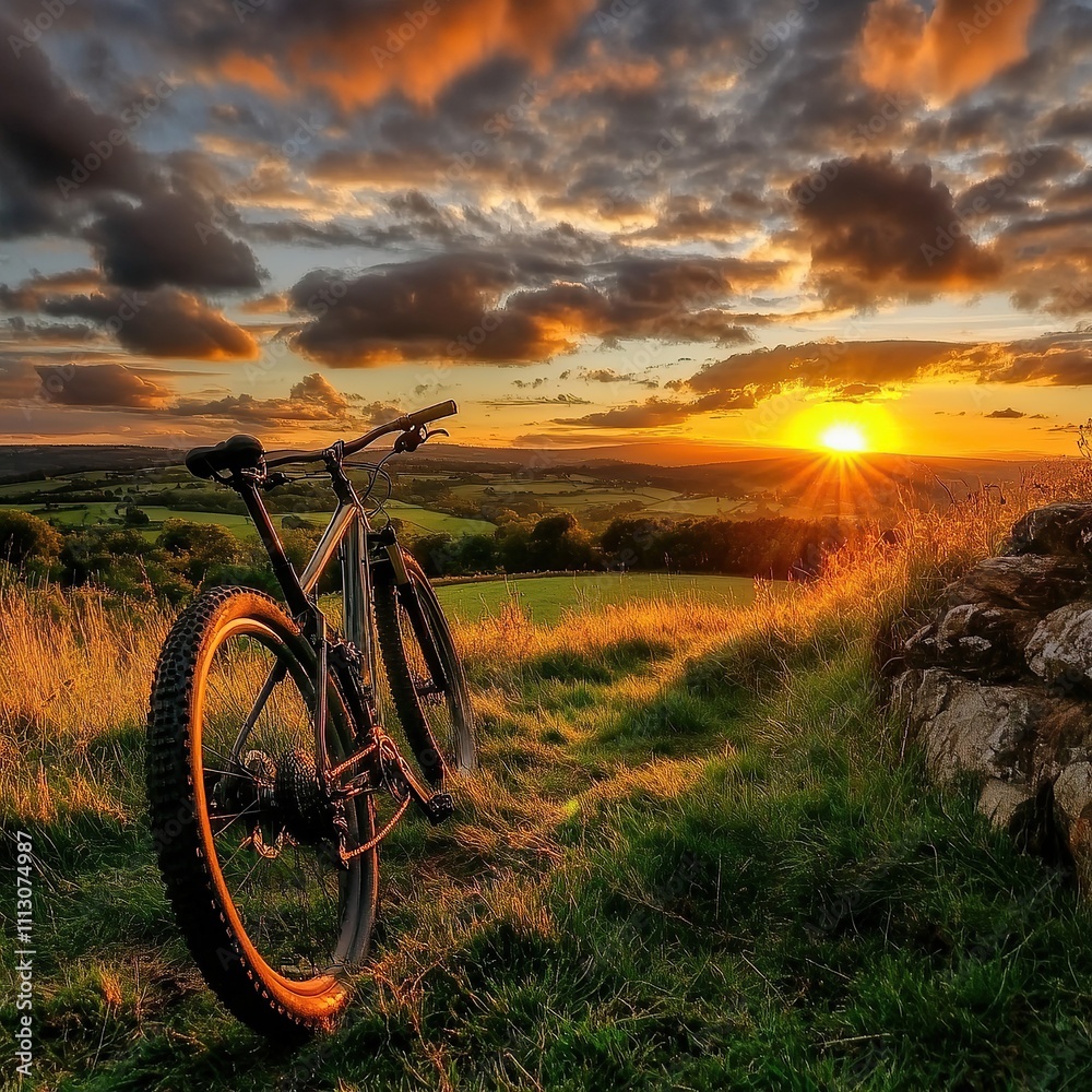 Mountain bike silhouetted against a stunning sunset over rolling hills. Mountain bike silhouetted against a stunning sunset over rolling hills.