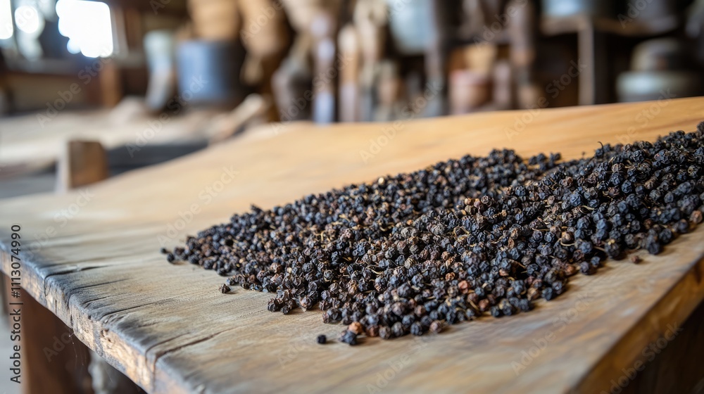 Dried Black Peppercorns on Wooden Surface in Rustic Background Dried Black Peppercorns on Wooden Surface in Rustic Background