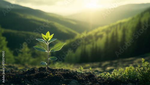 Young Green Seedling in Forest Soil photo