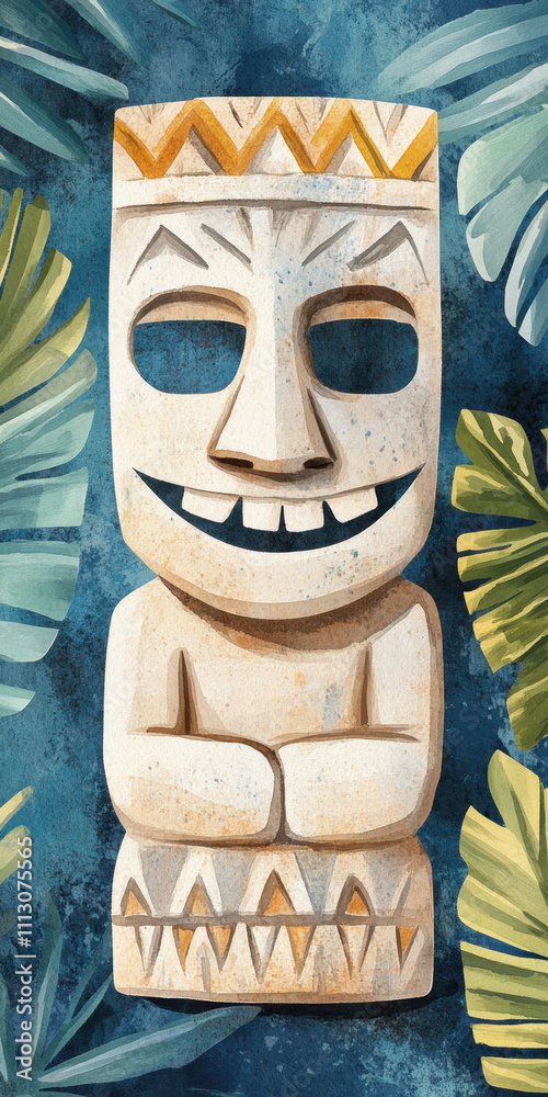 Hawaii style art. A smiling tiki statue surrounded by tropical leaves, showcasing intricate carvings and vibrant colors.