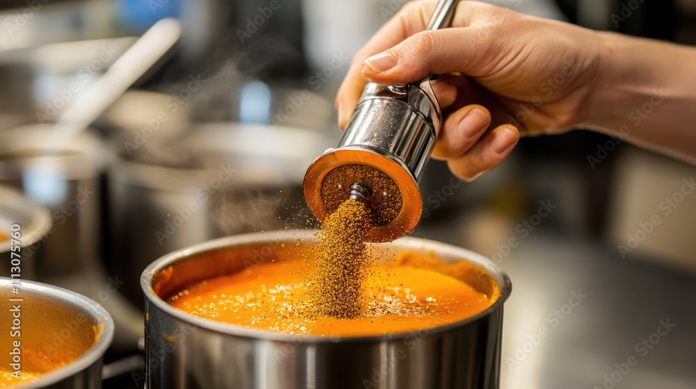 Hand Sprinkling Spice Over a Pot of Simmering Sauce in Kitchen Hand Sprinkling Spice Over a Pot of Simmering Sauce in Kitchen