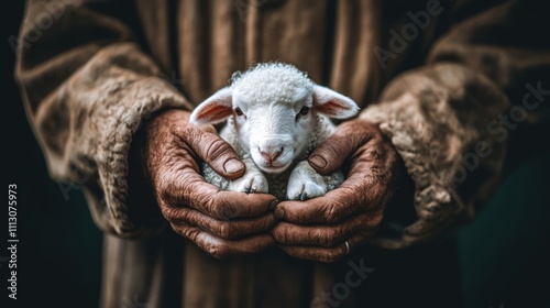 Gentle Hands Cradling a Young Lamb in Warm, Rustic Setting