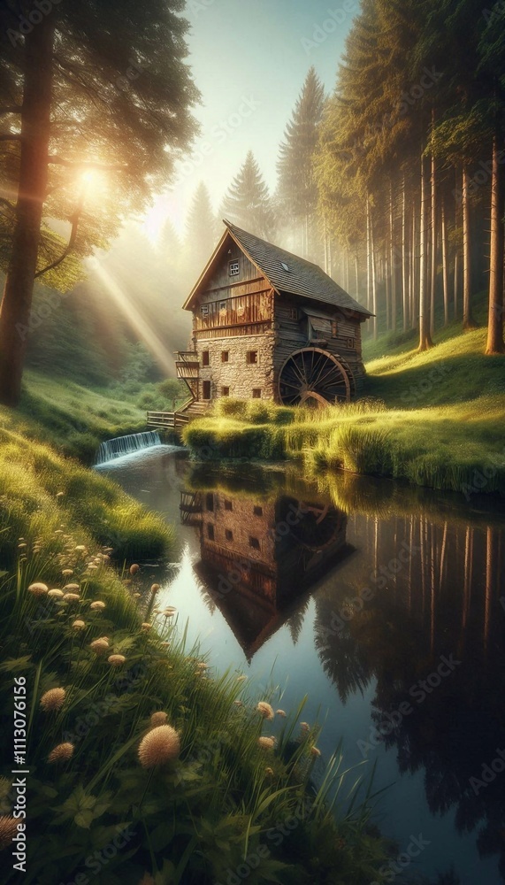 Fototapeta premium Romantische Mühle am Teich inmitten des Waldes