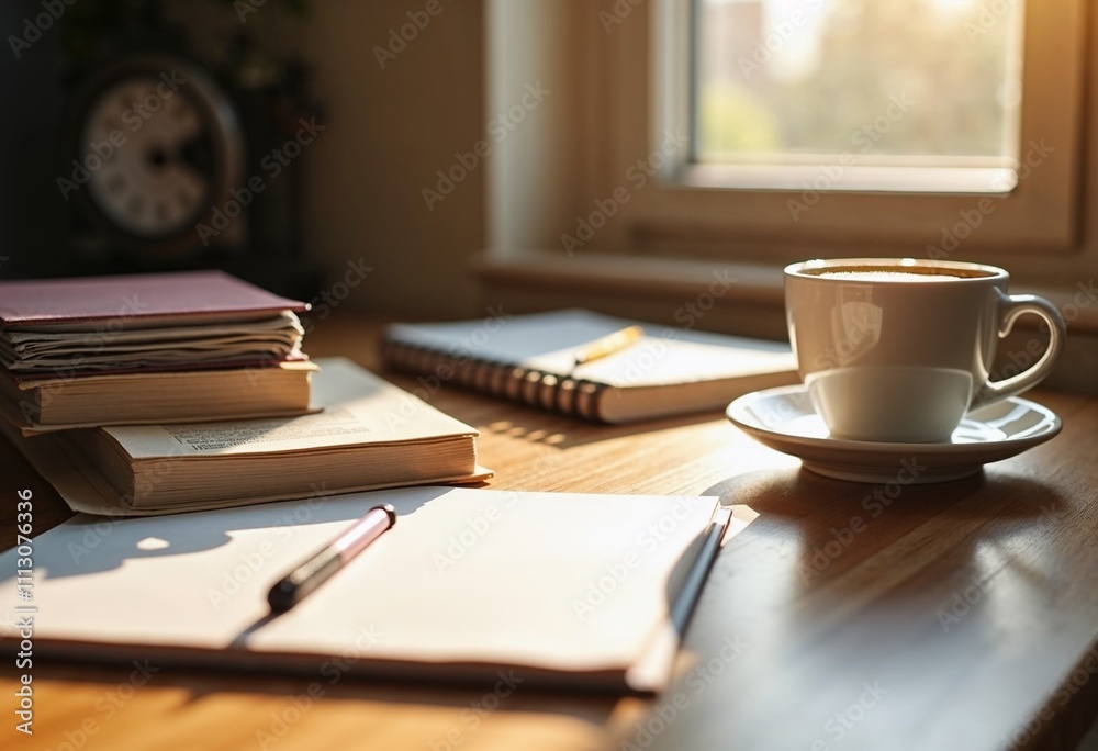Study space with books and coffee on wooden desk, productivity shot Study space with books and coffee on wooden desk, productivity shot