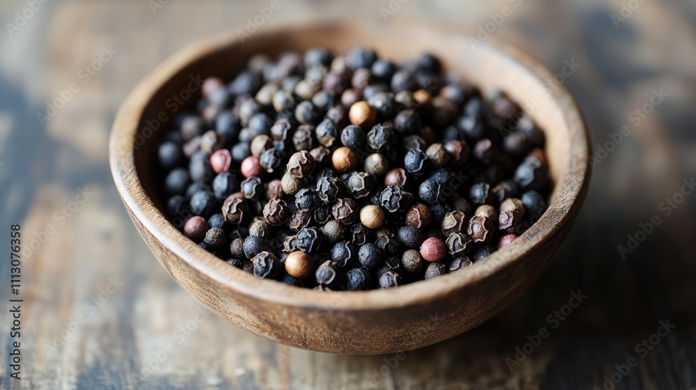 Close-Up of Black, White, and Red Peppercorns in Wooden Bowl Close-Up of Black, White, and Red Peppercorns in Wooden Bowl