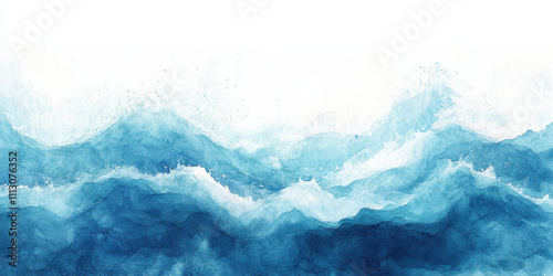 Hawaii style art. A serene watercolor depiction of rolling ocean waves in varying shades of blue, blending harmoniously with a light background.