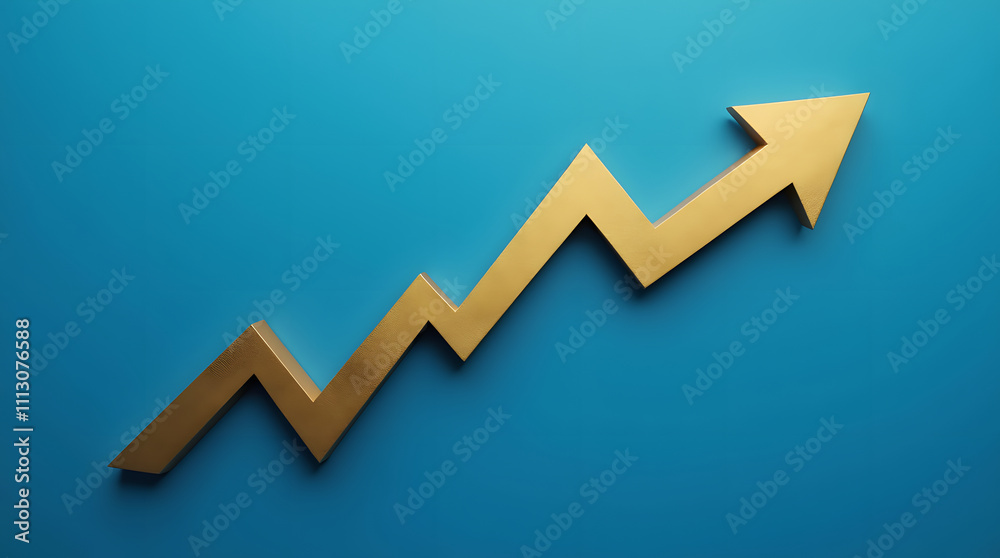 Solid gold upward arrow on a blue background symbolizing growth and success Solid gold upward arrow on a blue background symbolizing growth and success